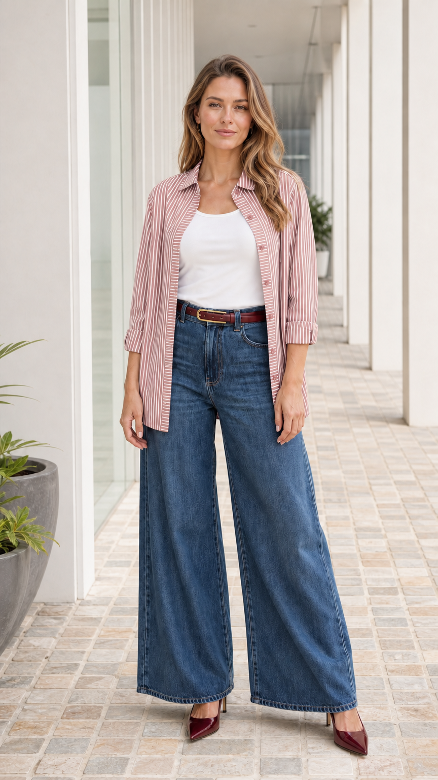 Woman wearing pink striped button down shirt