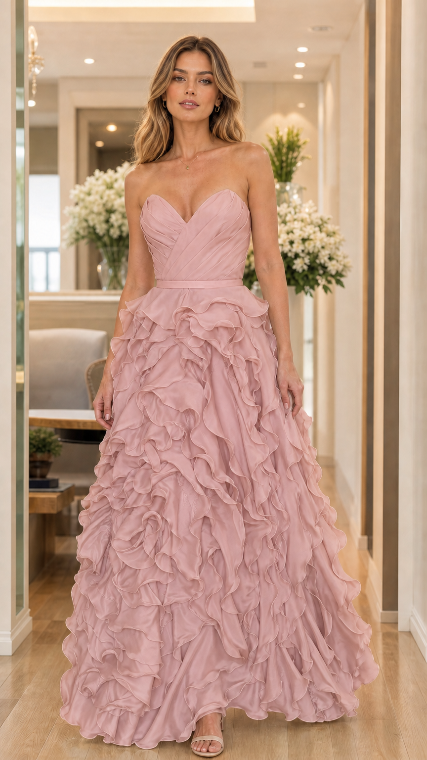 Model wearing blush pink strapless ruffled evening dress