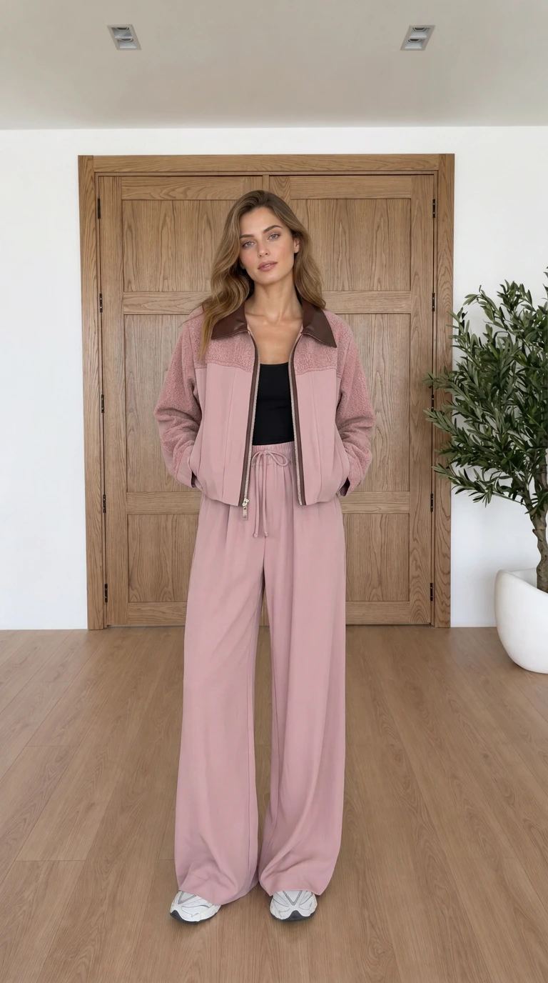 Model wearing dusty pink two-piece jacket and wide leg pants set