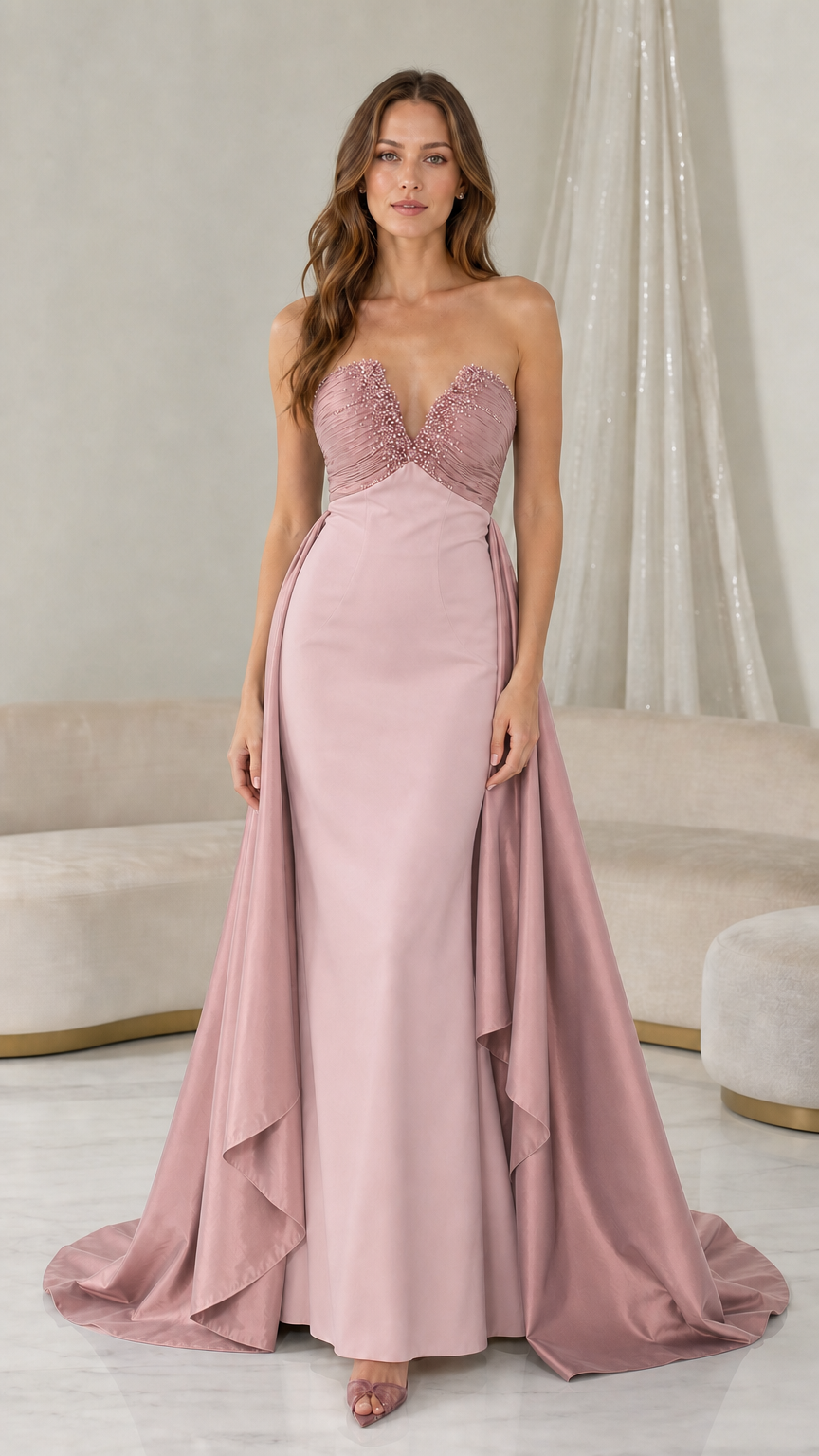 Full length view of dusty rose color variant evening dress