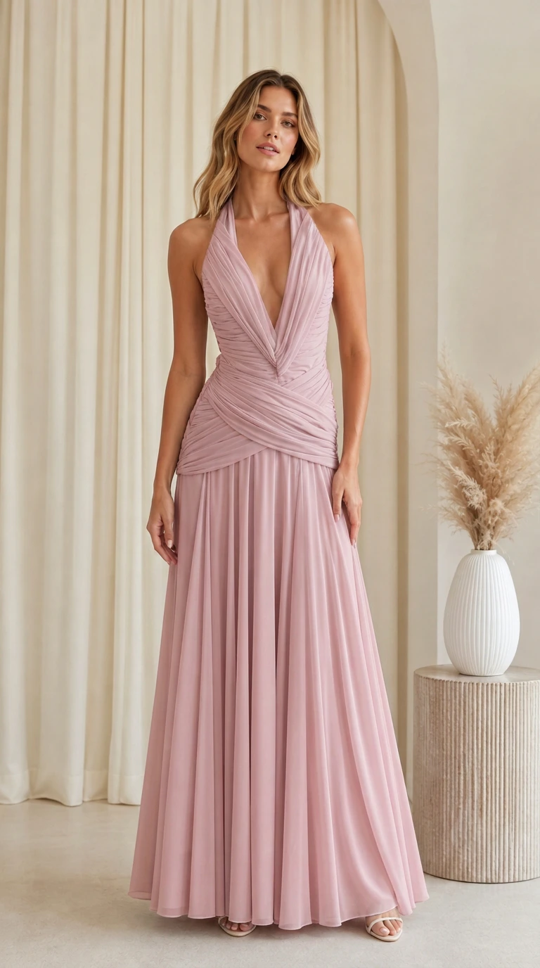 Front view of dusty rose halter plunging ruched waist pleated evening gown