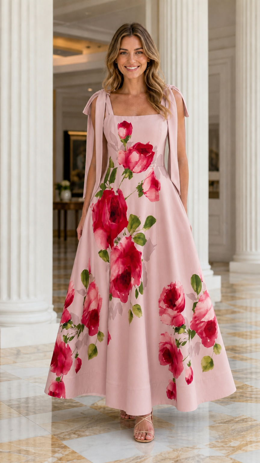 Model wearing pink floral print tie-strap maxi dress