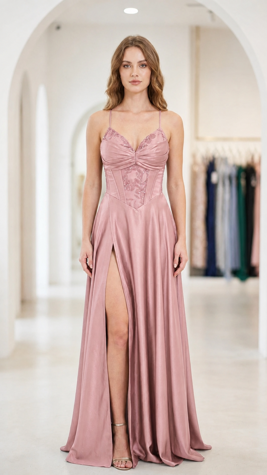 Front full-length view of dusty rose pink satin corset evening gown