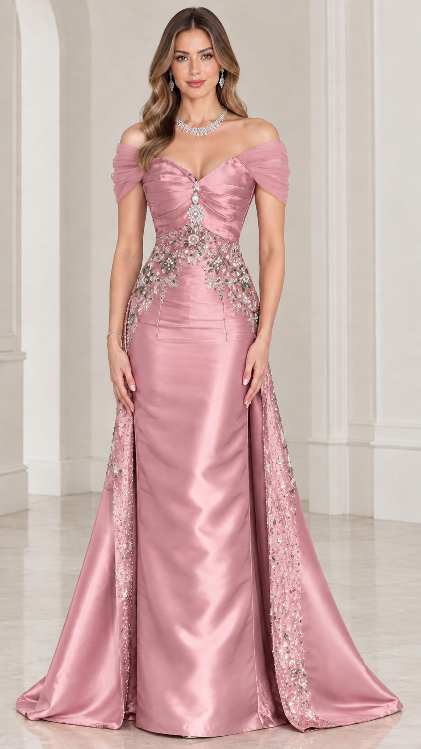 Front view of dusty rose satin formal gown with crystal waist detailing