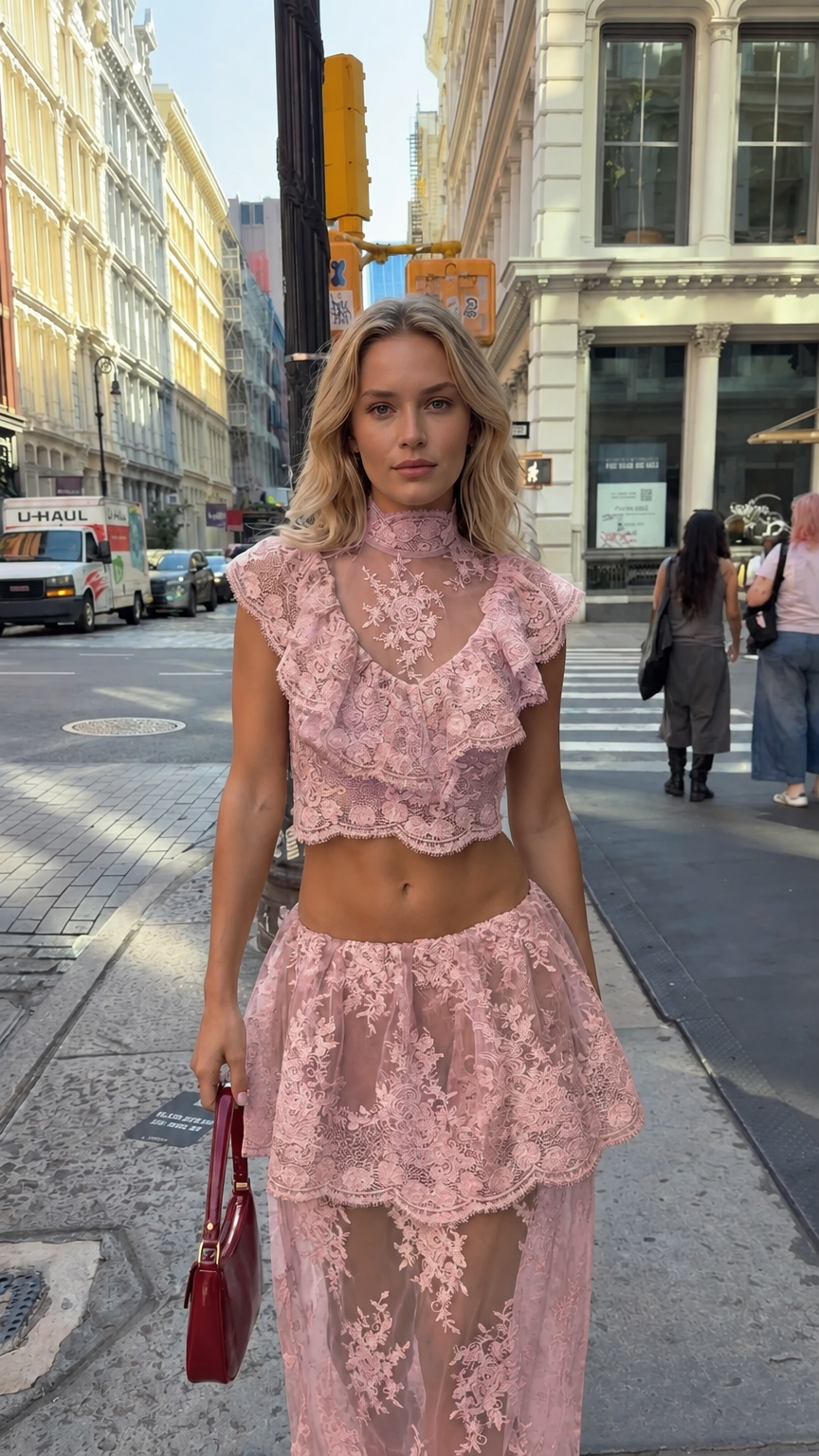 Model wearing dusty pink floral lace crop top and tiered maxi skirt set