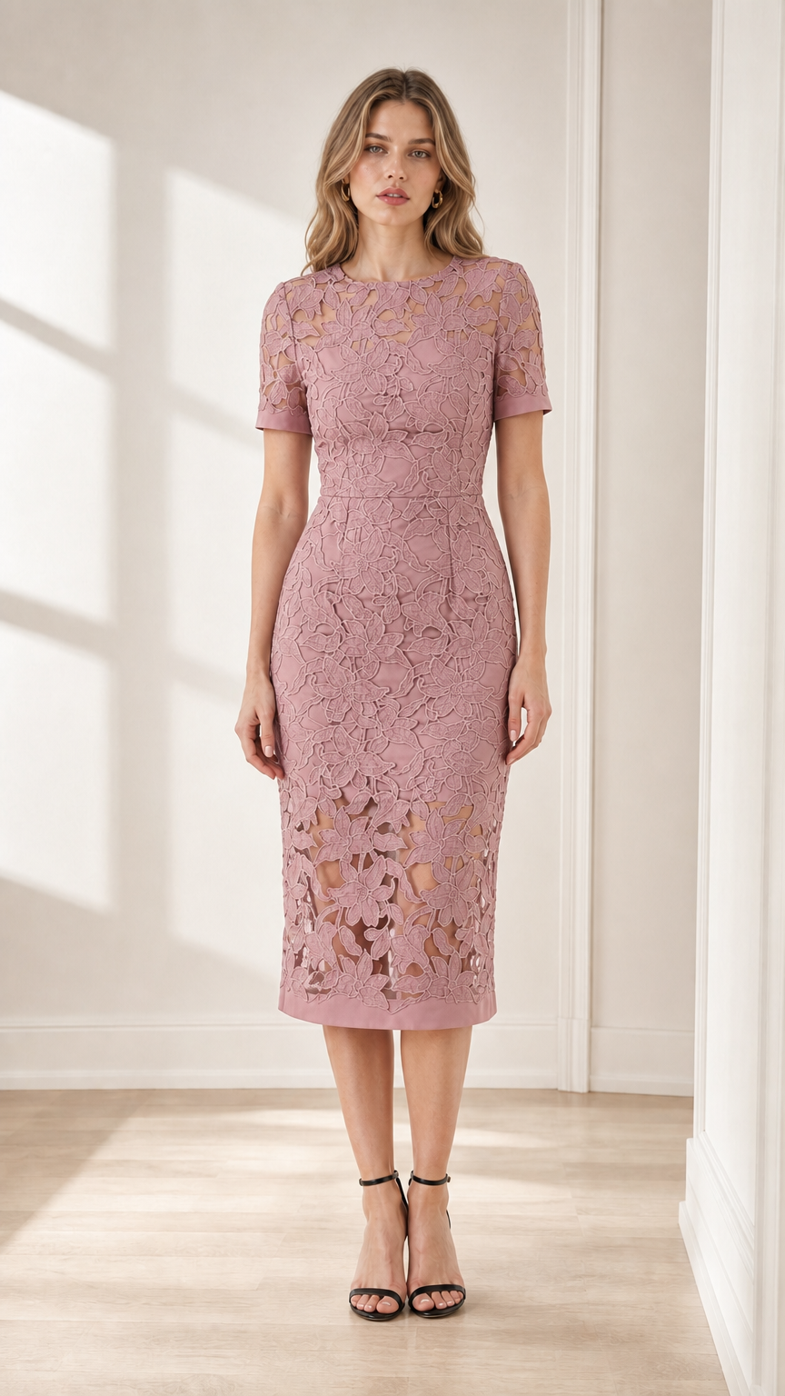 Front view of model wearing dusty pink floral lace midi dress