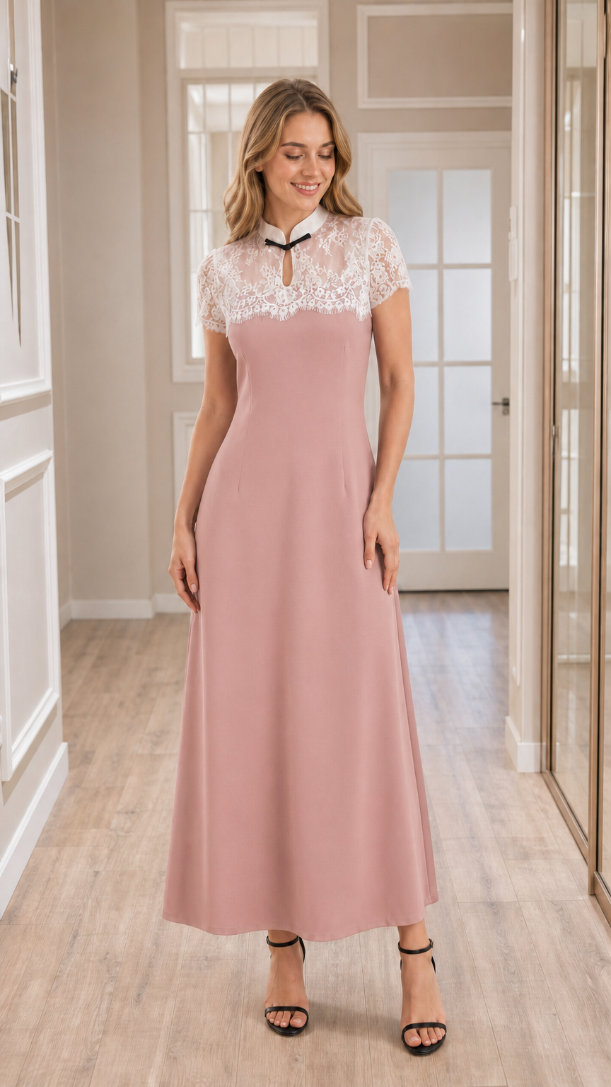 Front view of model wearing dusty pink lace yoke A-line maxi dress