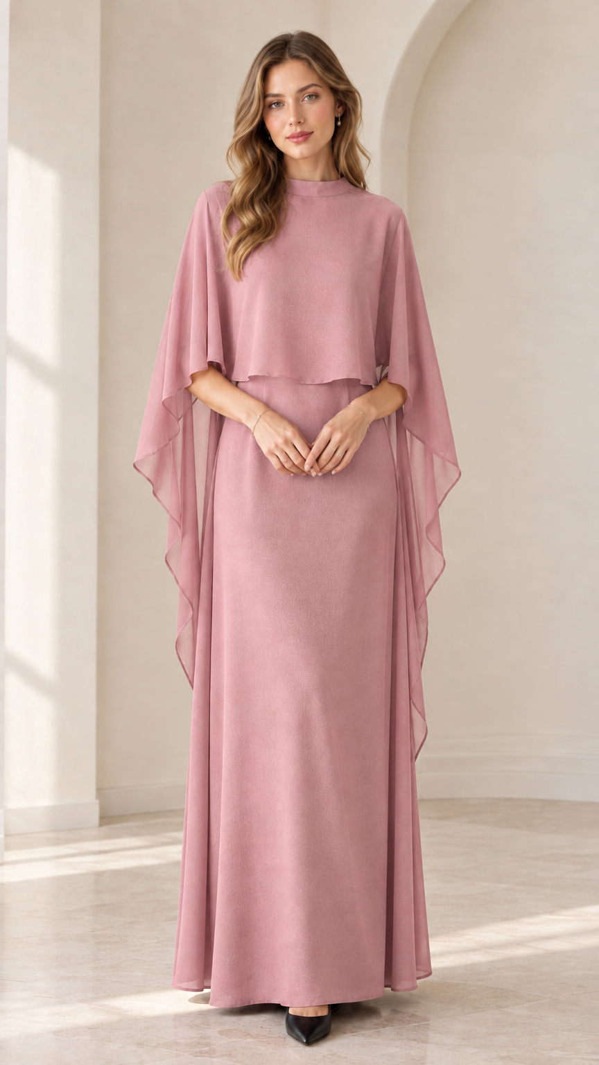 Dusty rose capelet chiffon floor-length evening dress