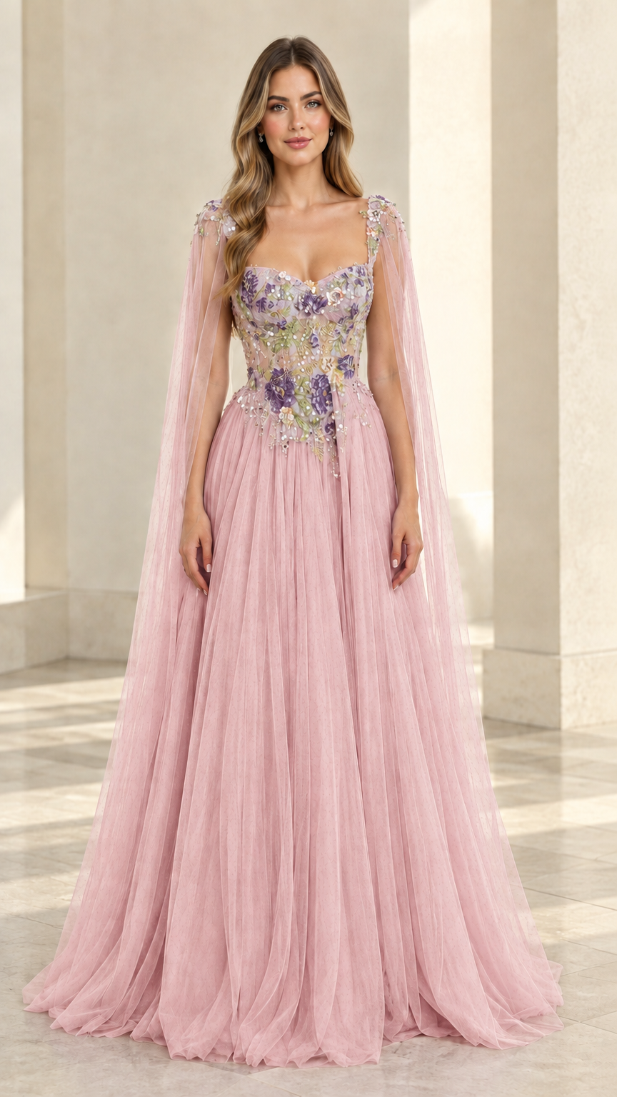 Blush pink A-line tulle formal gown with floral bodice and cape sleeves