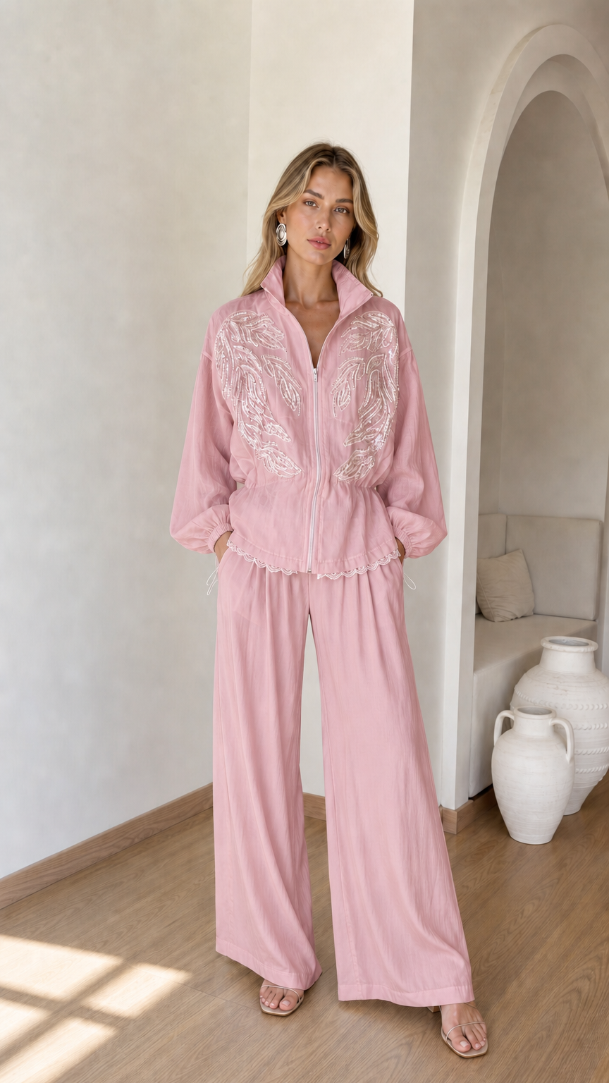 Front full view of woman wearing dusty pink embroidered zip jacket and wide-leg pants set