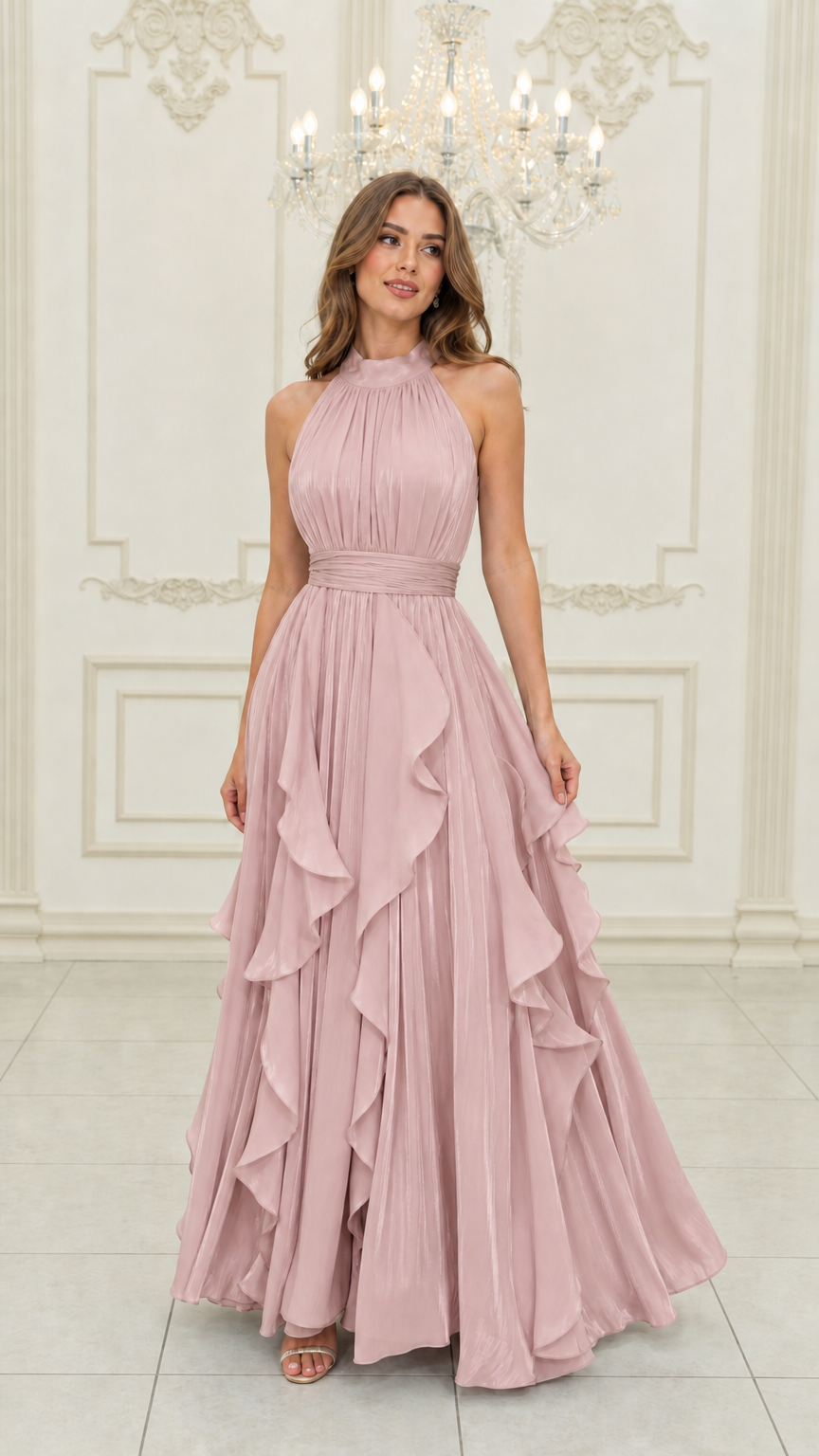 Dusty pink pleated halter neck evening dress with tiered ruffles