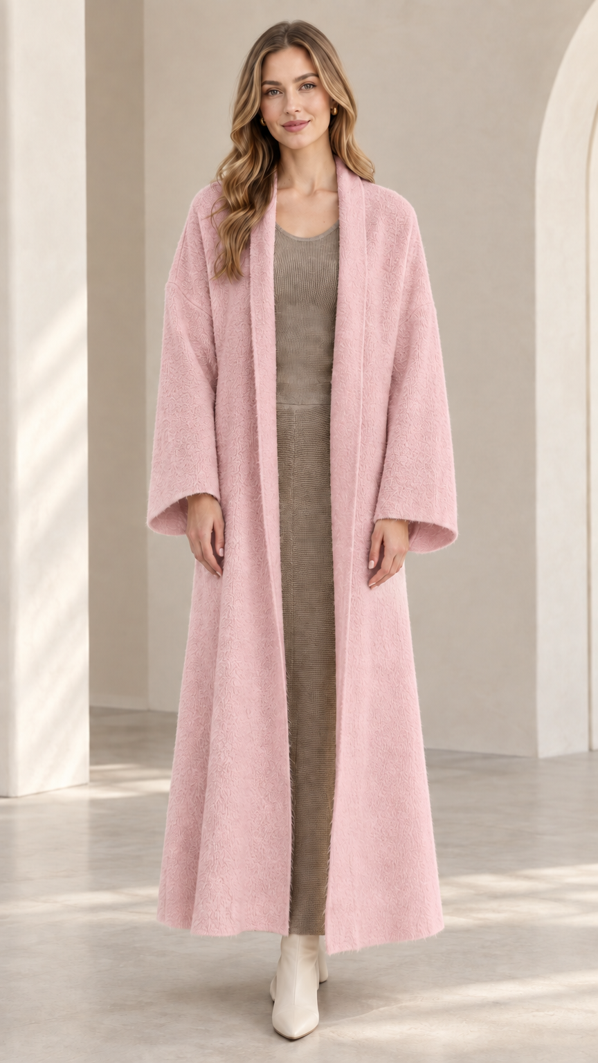 Front view of model wearing dusty pink textured maxi duster coat