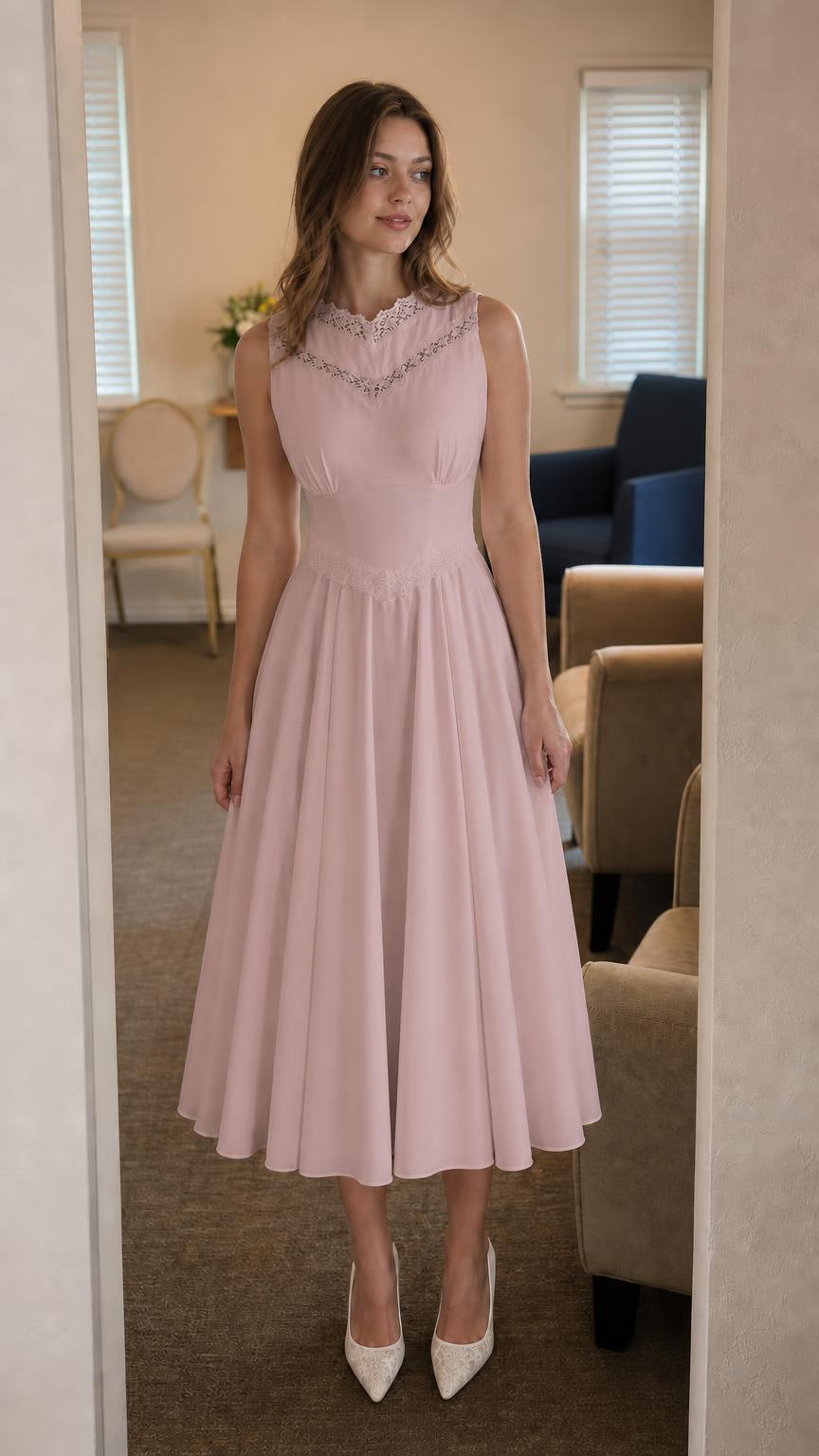 Front view of model wearing pink lace trim midi dress