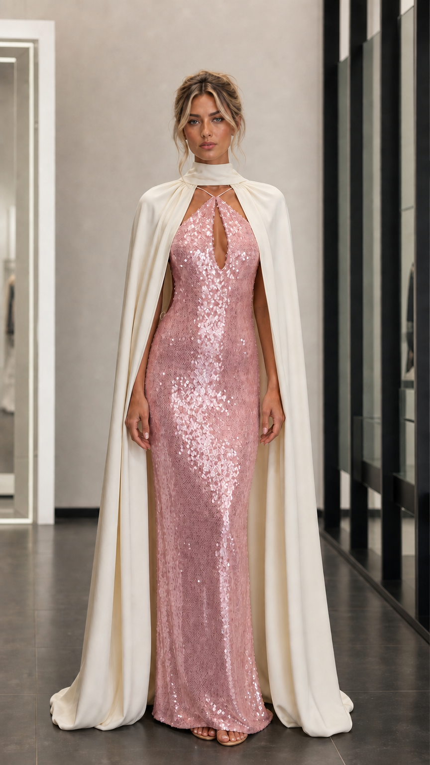 Front view of pink sequin evening dress with cape