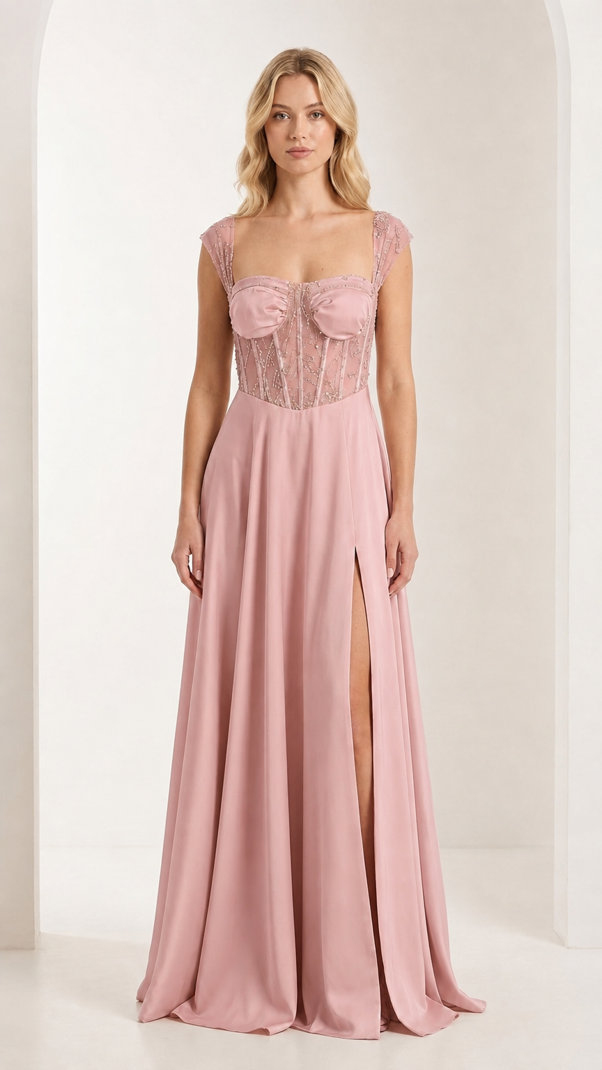 Front view of dusty pink corset evening gown