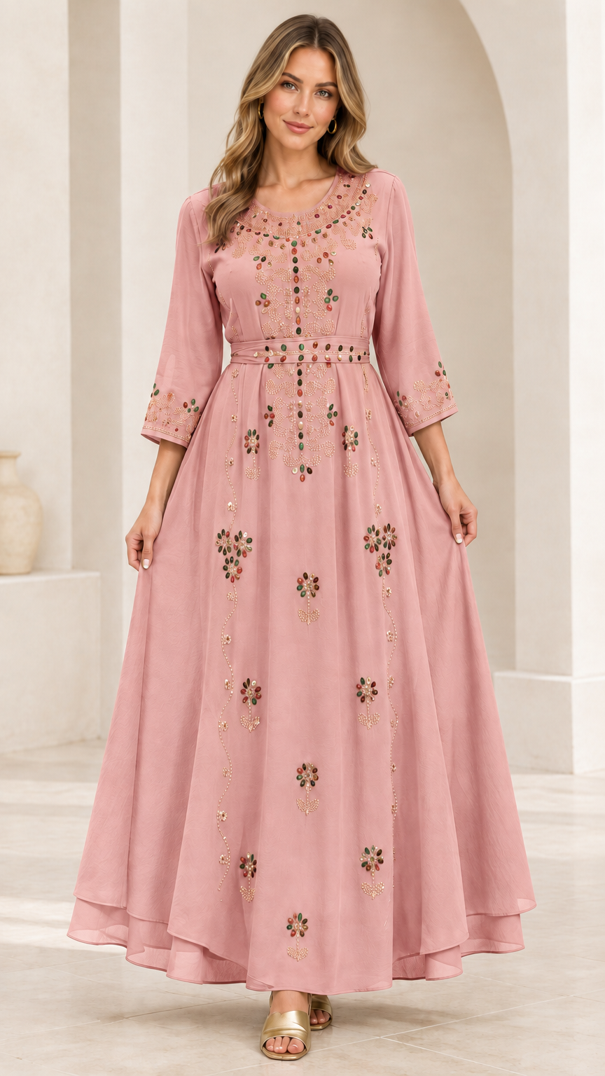 Front full-length view of woman wearing Dusty Pink beaded A-line maxi gown