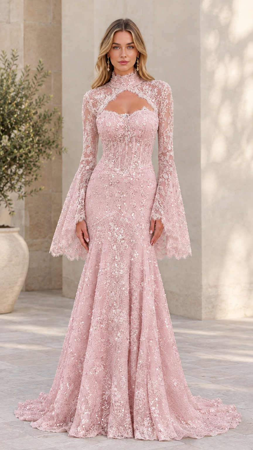 Front view of model wearing blush pink lace high-neck mermaid gown with keyhole cutout