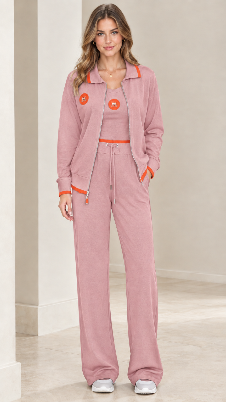 Full front view of dusty pink 3-piece tracksuit set with orange accents