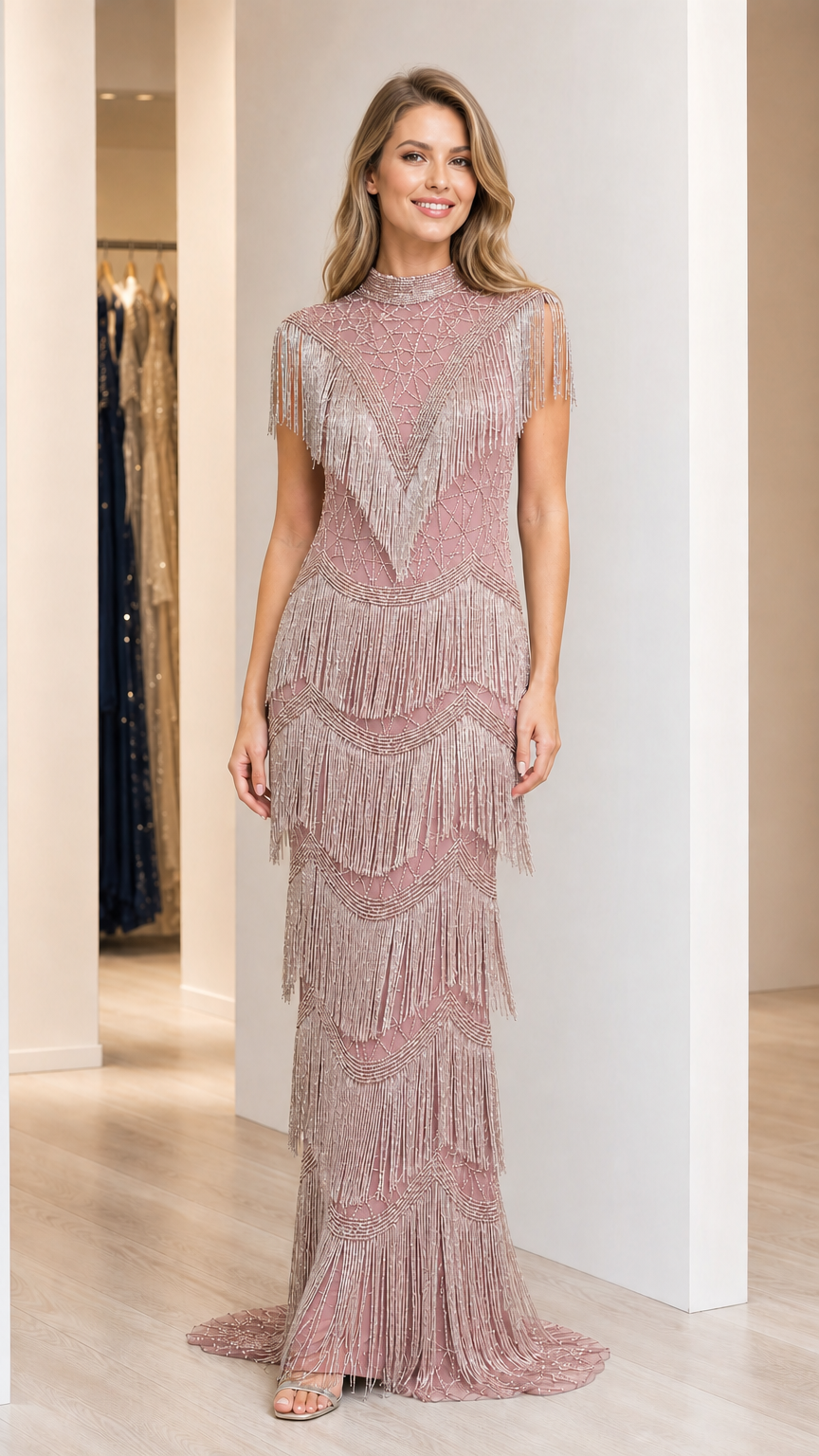 Model wearing dusty pink beaded fringe tiered maxi evening gown