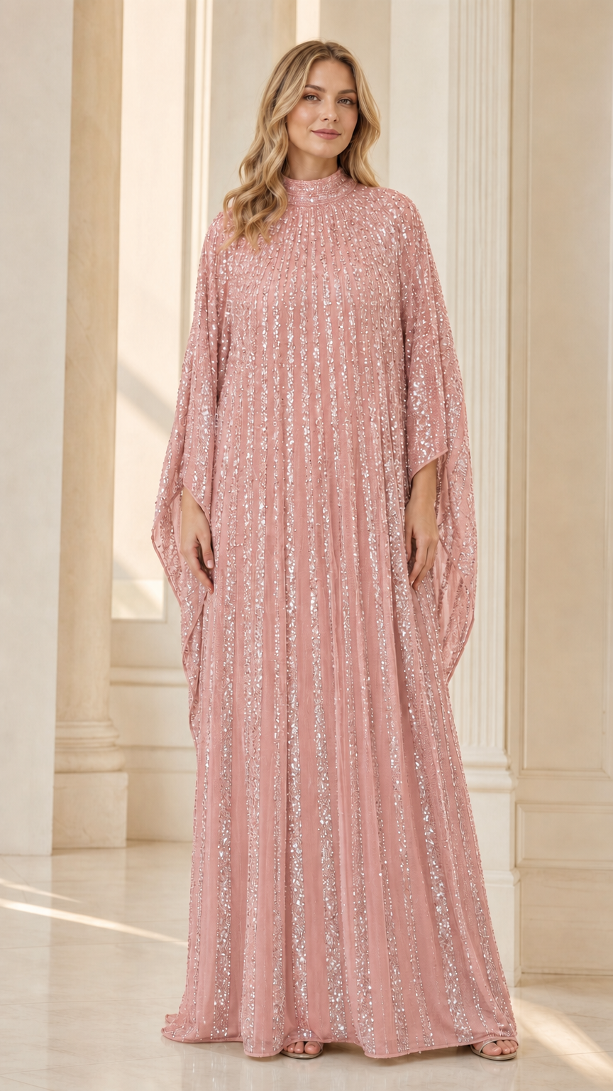 Blush pink sequin pleated cape kaftan evening dress