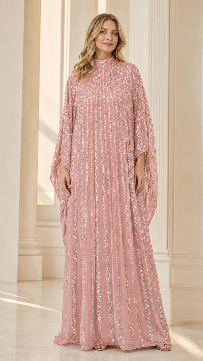 Blush pink sequin pleated cape kaftan evening dress