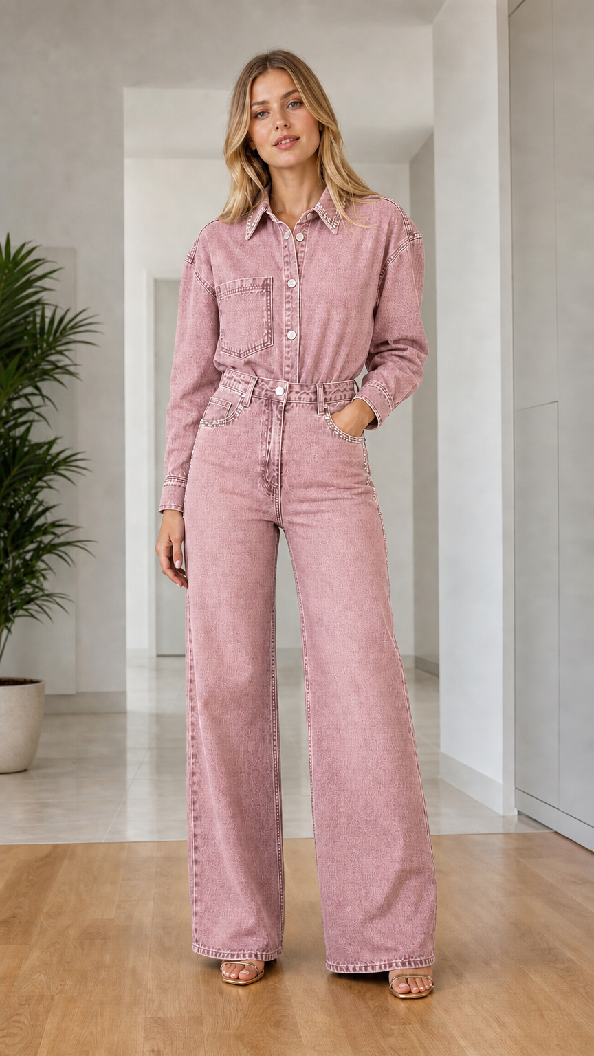 Woman wearing dusty pink washed denim long sleeve wide leg jumpsuit with rhinestone trim