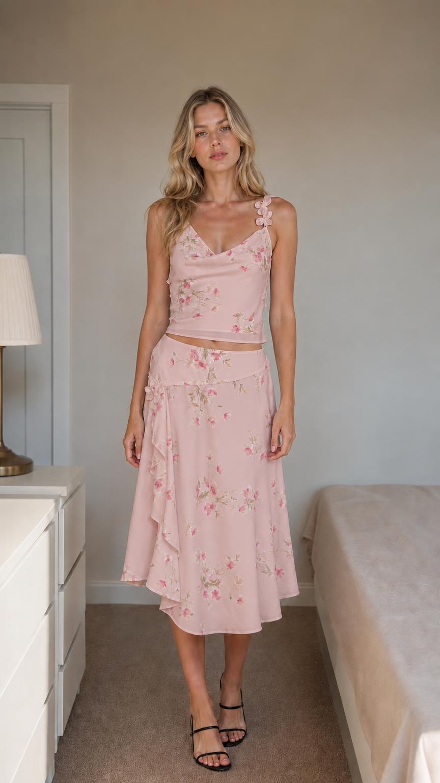 Front view of pink floral two-piece set on model