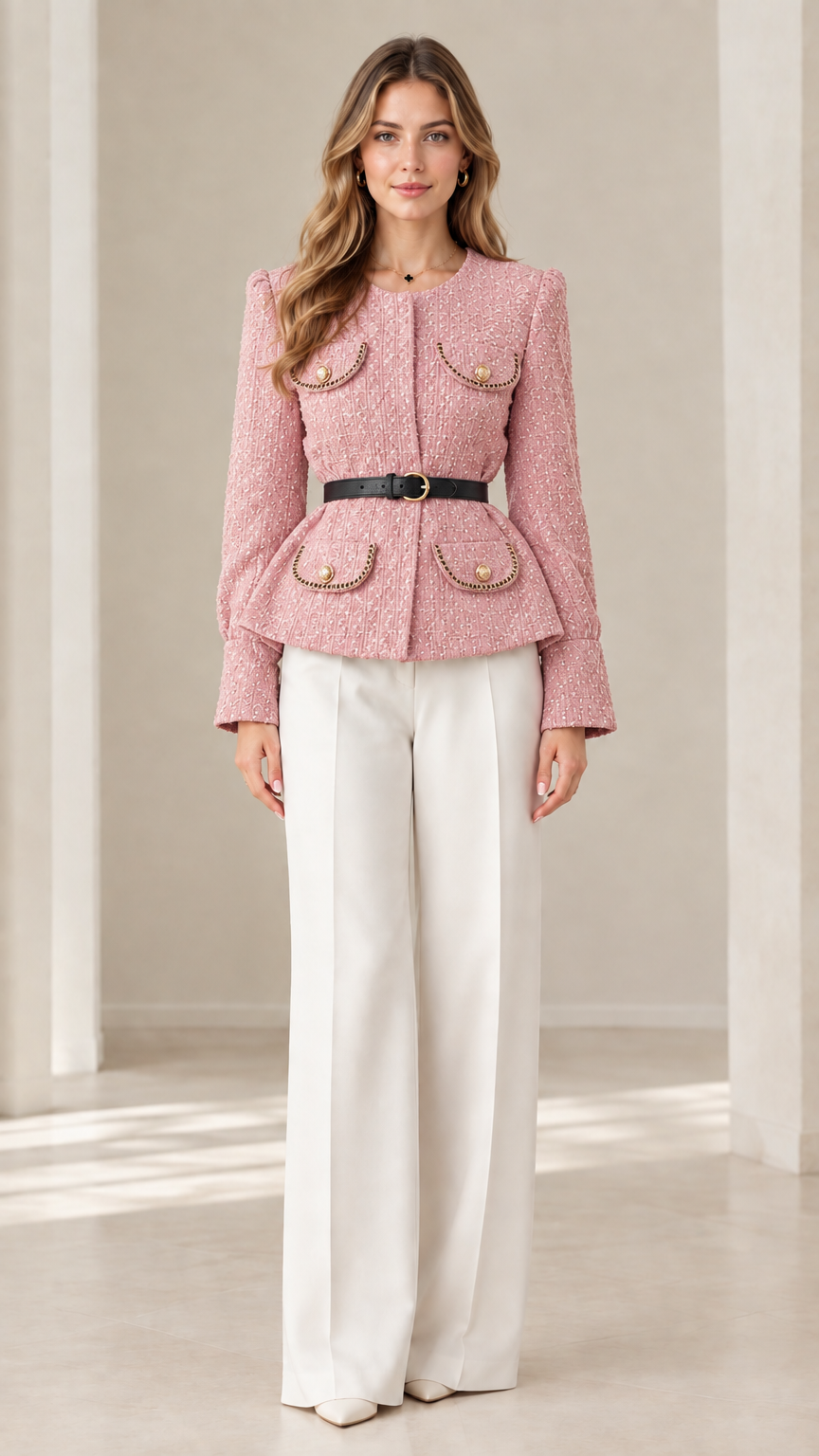 Front view of model wearing pastel pink tweed belted peplum jacket
