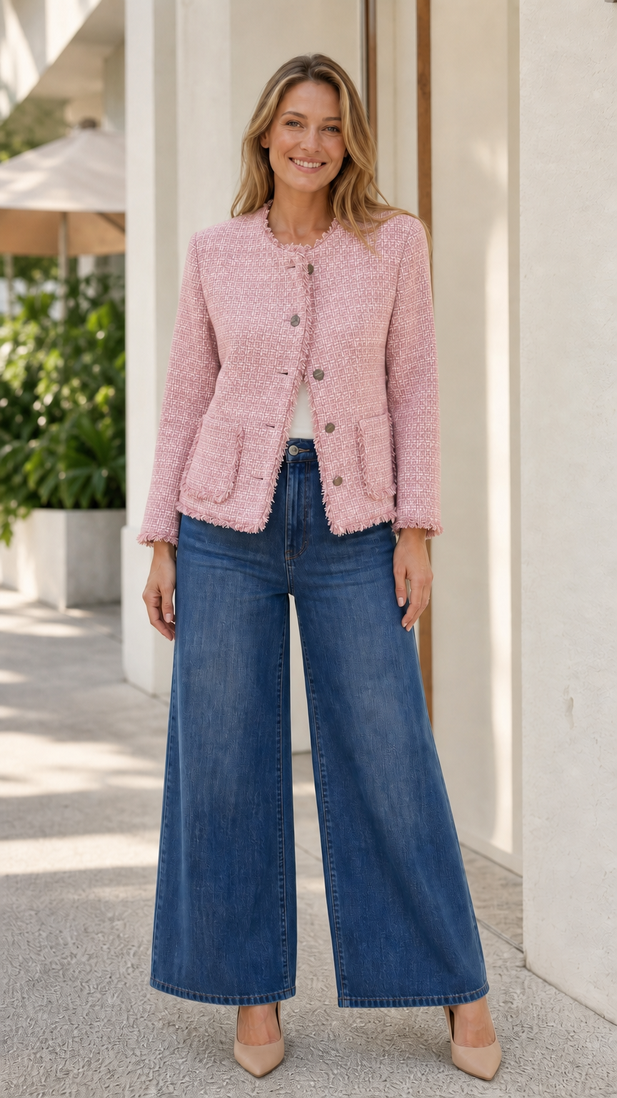 Model wearing pink fringe-trim tweed jacket