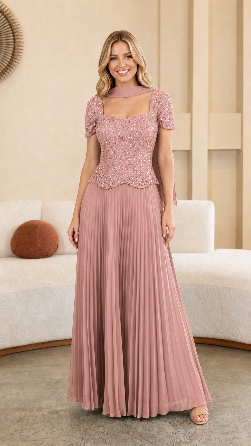 Model wearing Dusty Rose pink sequined bodice pleated maxi formal dress