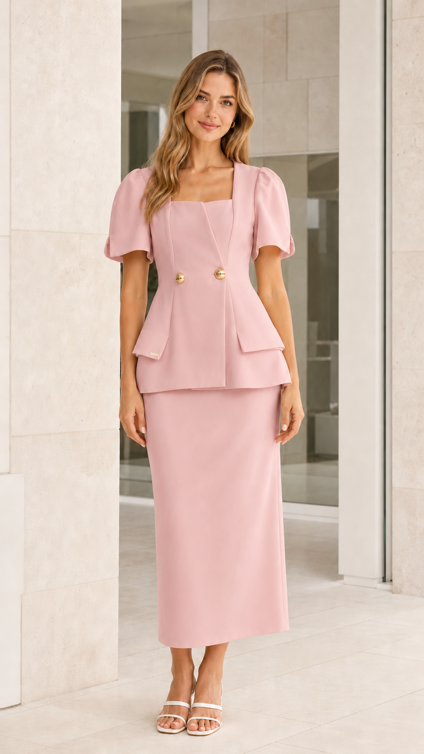 Front view of pink skirt set