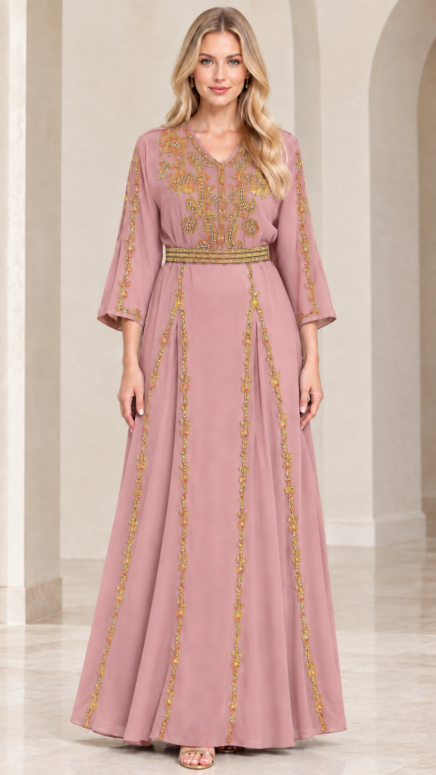 Dusty pink embroidered V-neck maxi dress with gold accents