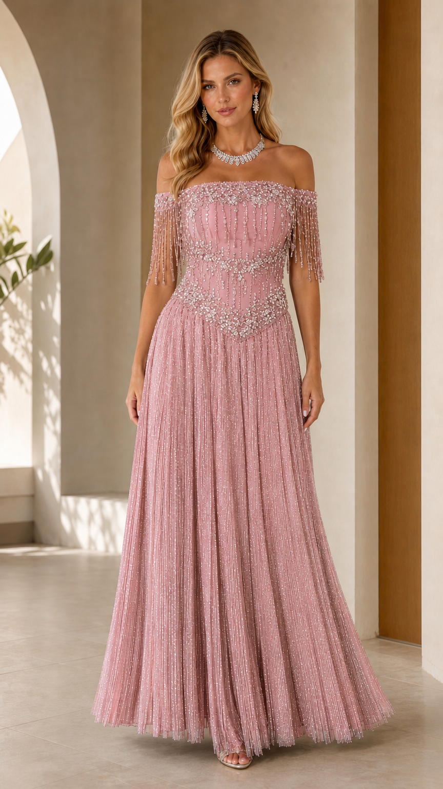 Dusty rose off-the-shoulder crystal embellished formal maxi dress