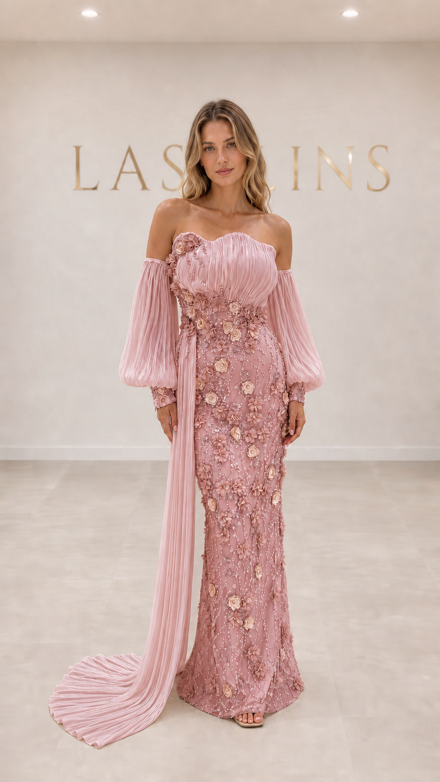 Dusty pink 3D floral appliqué off-shoulder formal evening dress