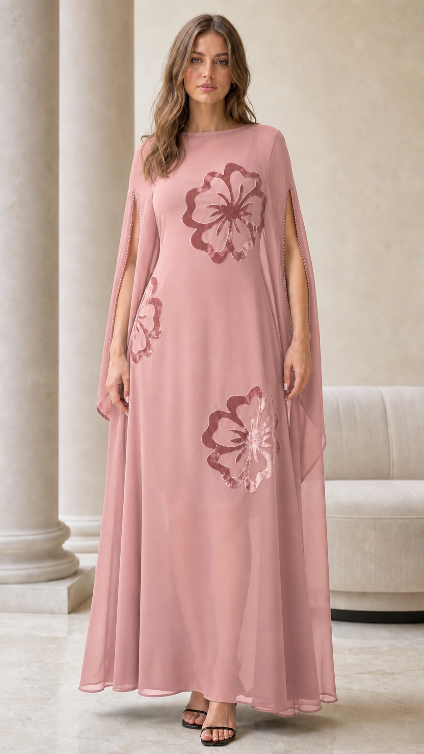 Dusty pink cape sleeve chiffon maxi dress with tonal floral details