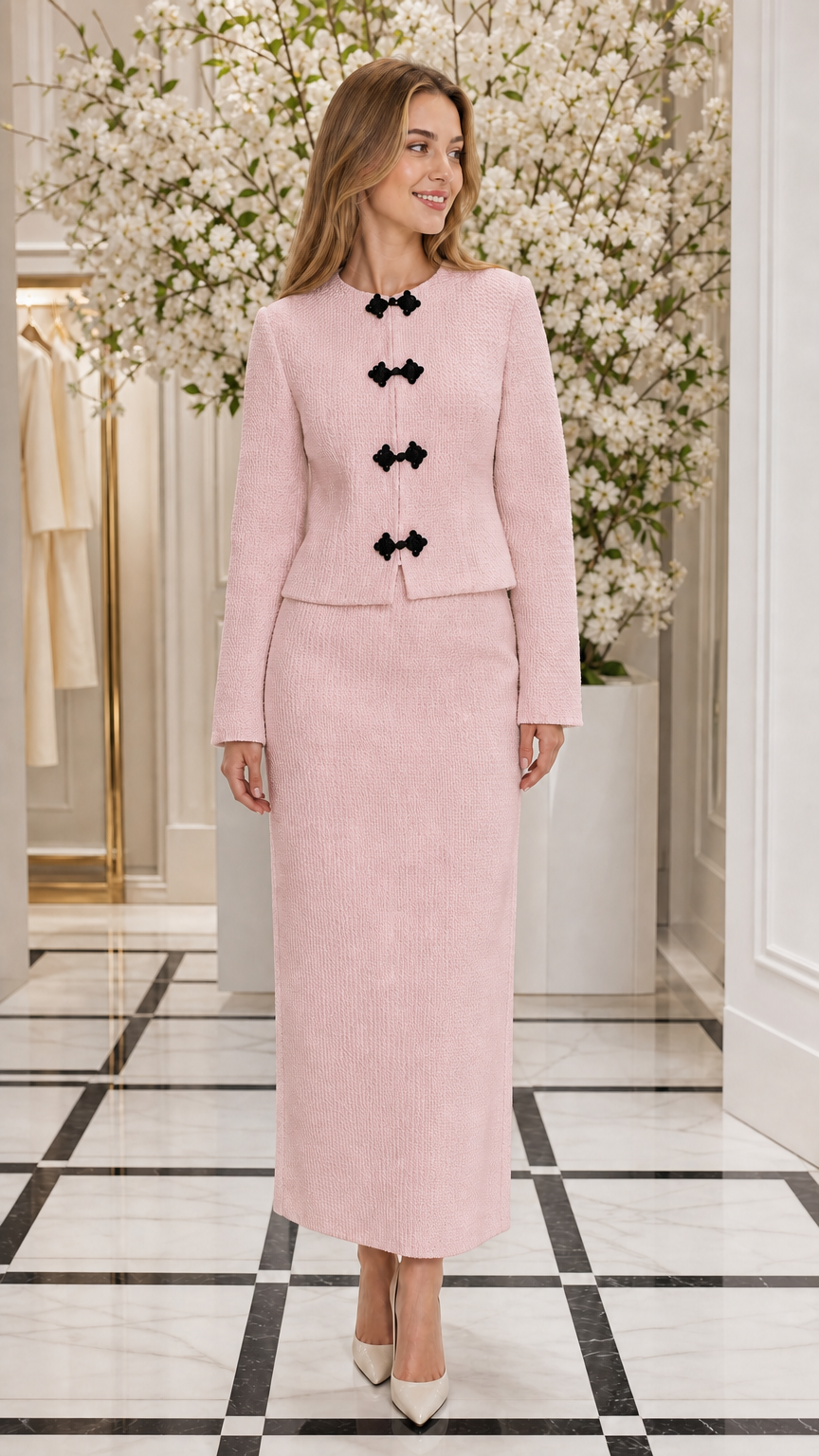 Front full view of woman wearing Blush Pink textured two-piece skirt set