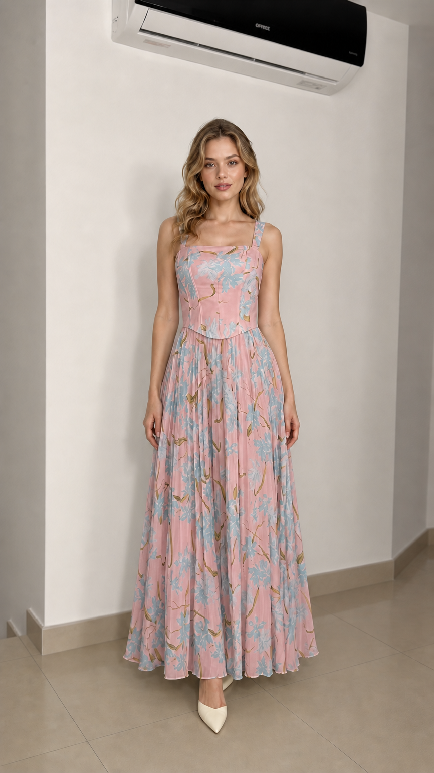 Model wearing pink floral maxi dress
