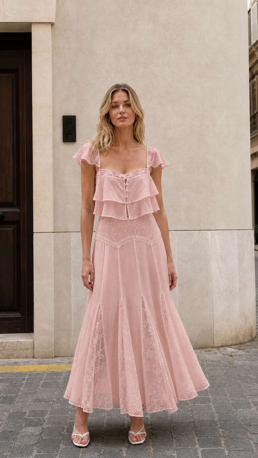 Front view of woman wearing pink ruffled two-piece maxi set