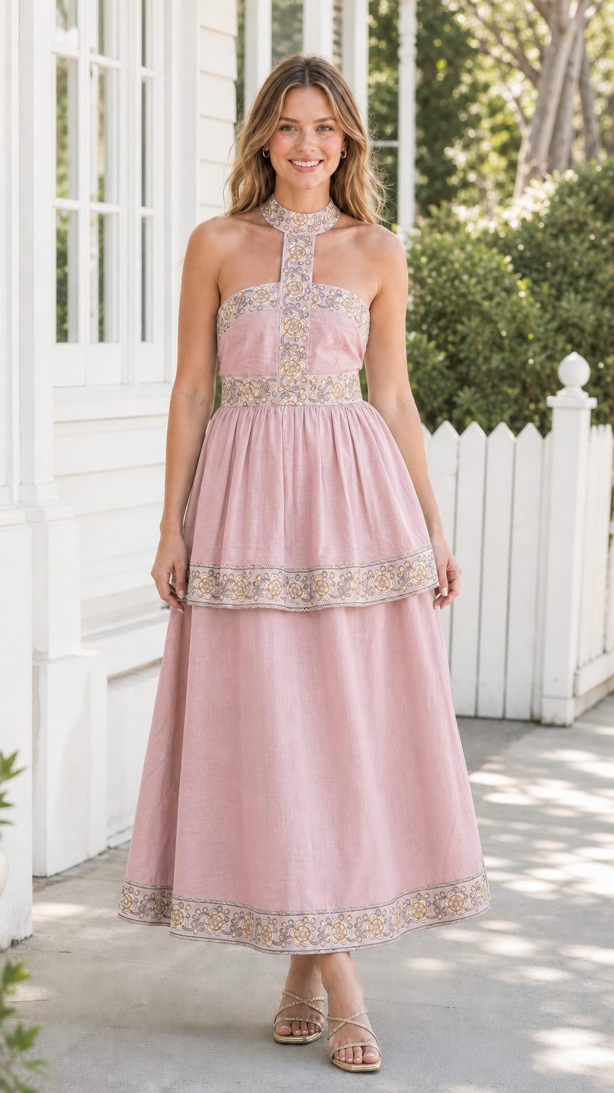 Model wearing pink embroidered halter midi dress
