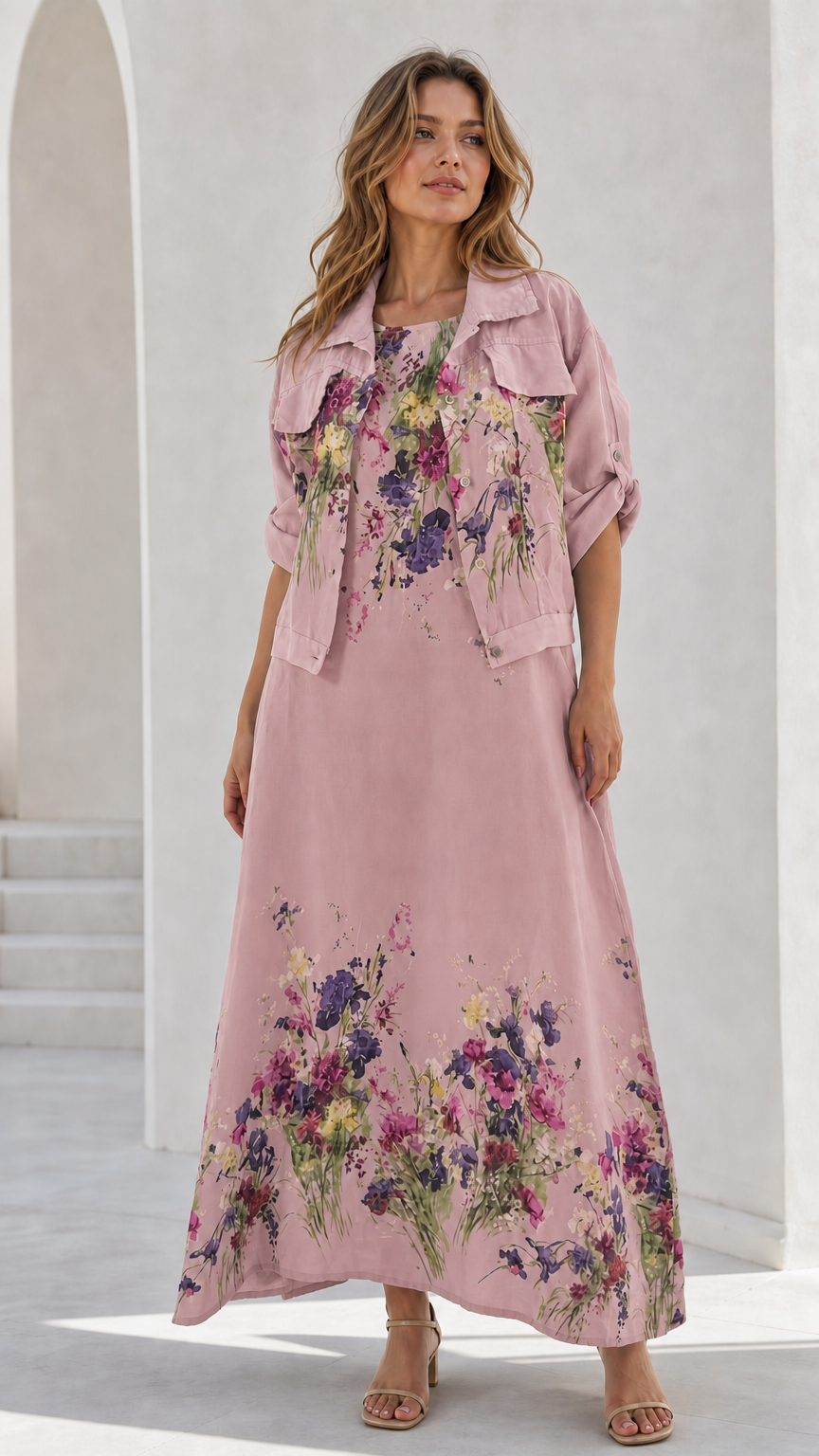 Women's dusty pink floral maxi dress and cropped jacket set