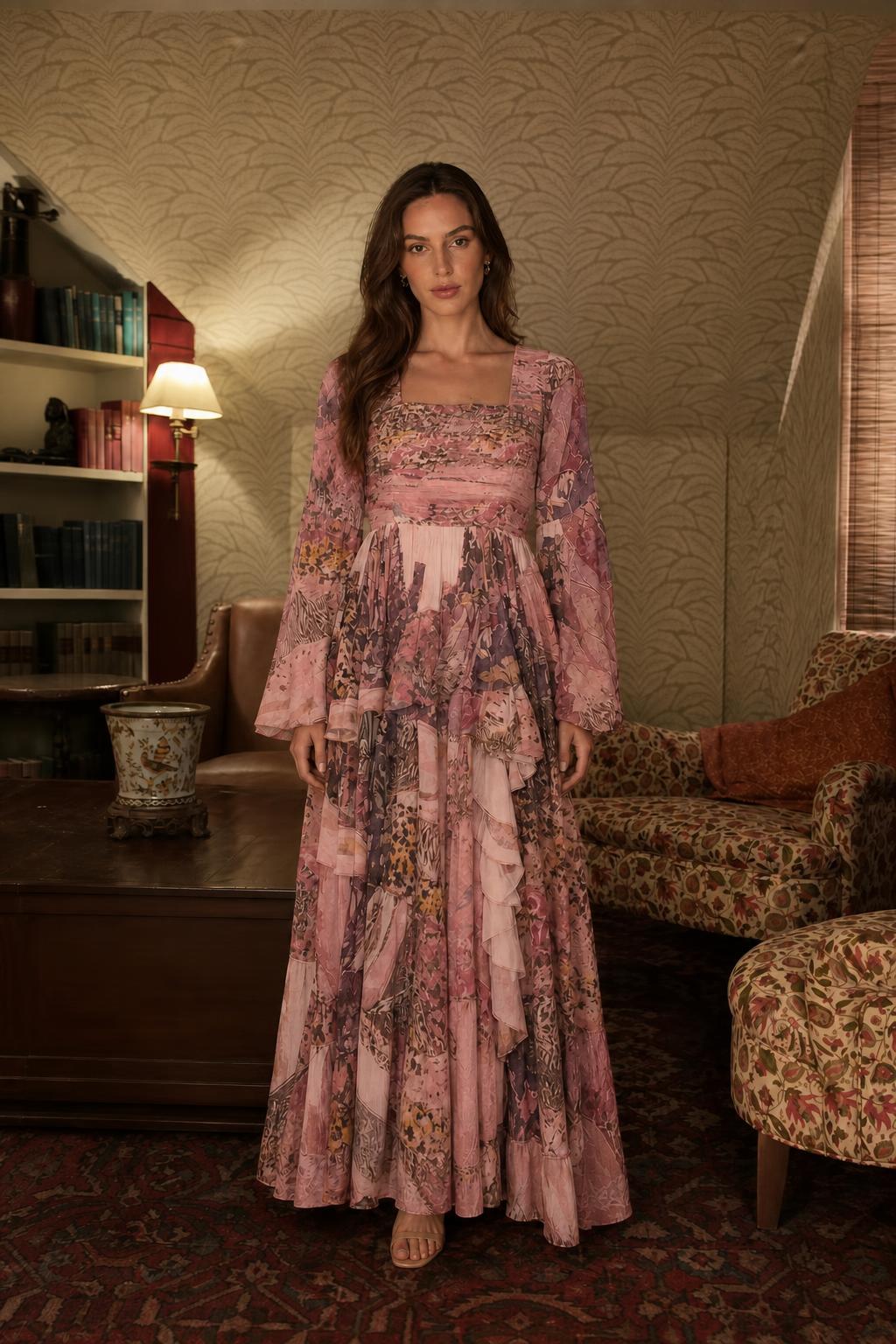 Boho Chic Printed Long Sleeve Ruffle Maxi Dress in Dusty Pink