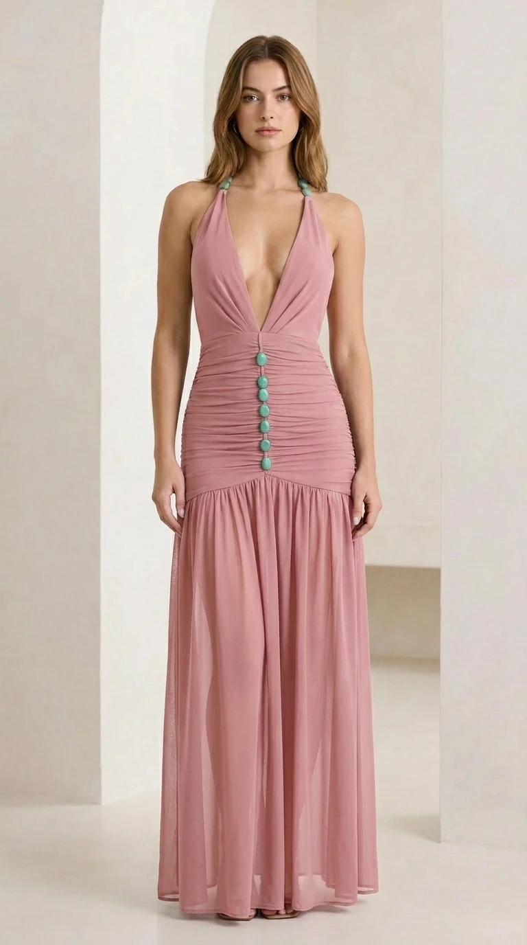 Front view of pink halter neck ruched maxi dress
