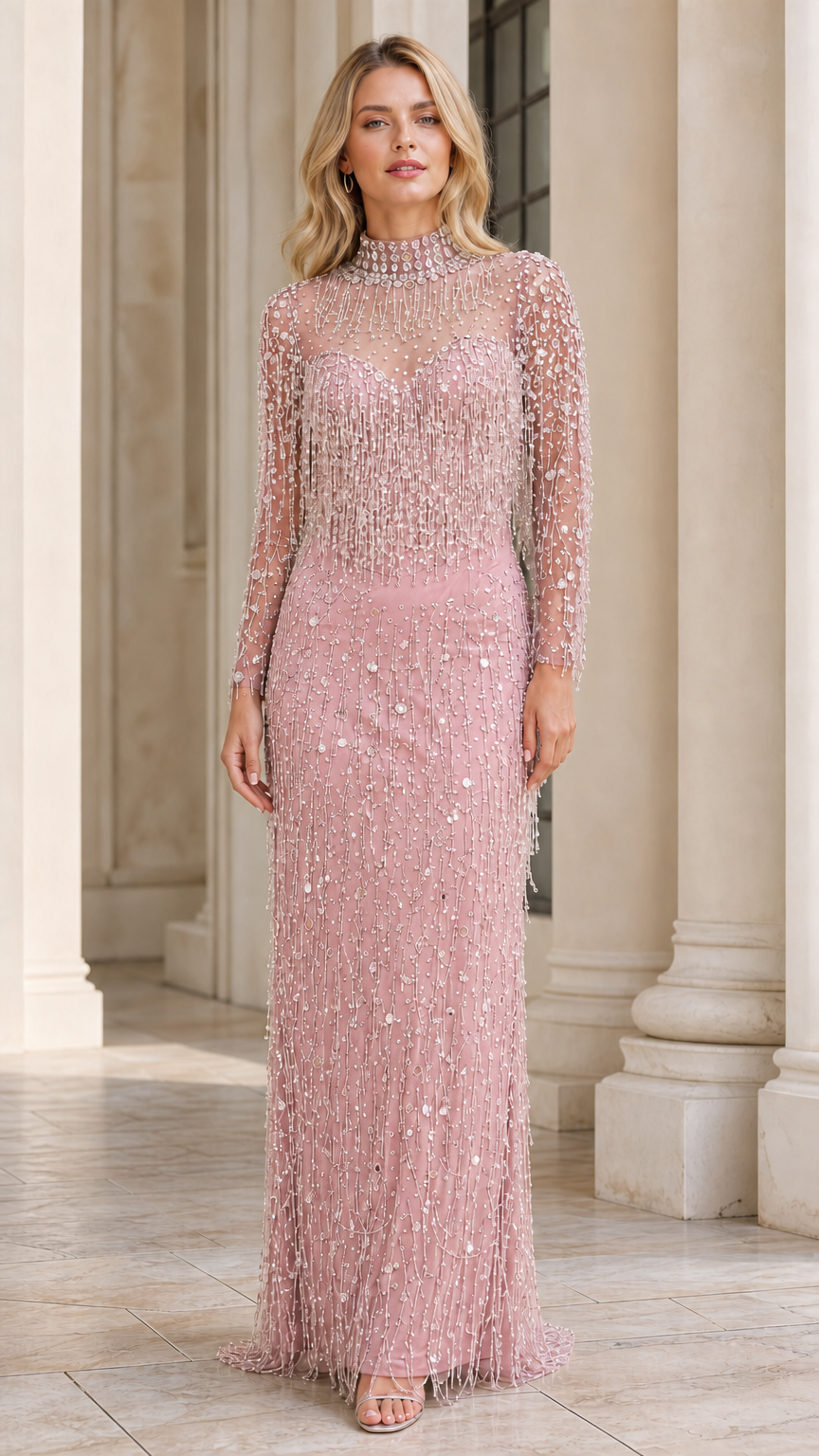 Model wearing dusty rose beaded long sleeve evening gown