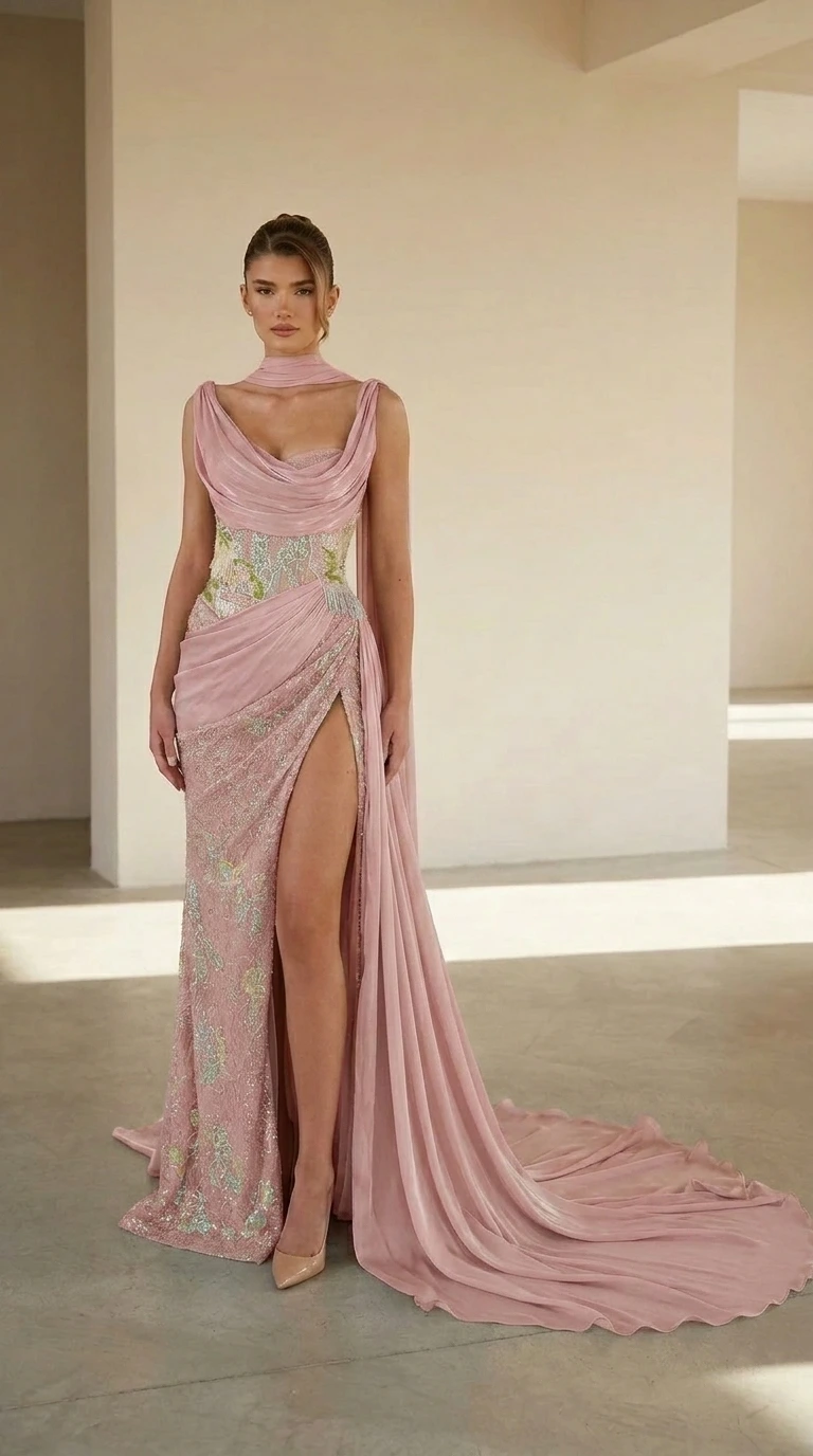 Front view of blush pink formal gown with high slit
