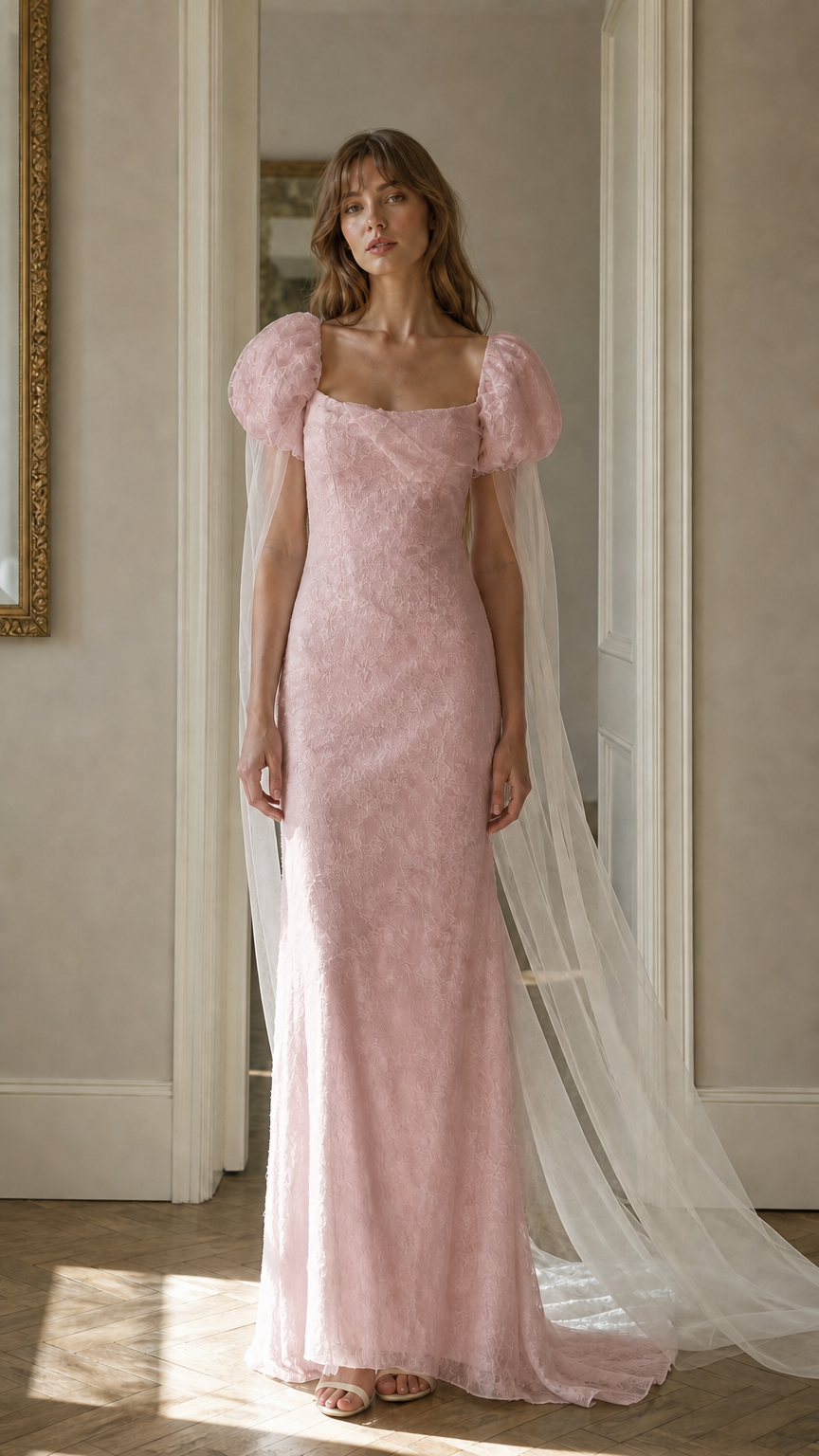 Front view of pink lace maxi dress with cape