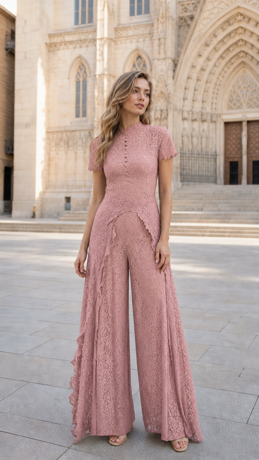 Front view of woman wearing Dusty Rose floral lace wide-leg formal jumpsuit