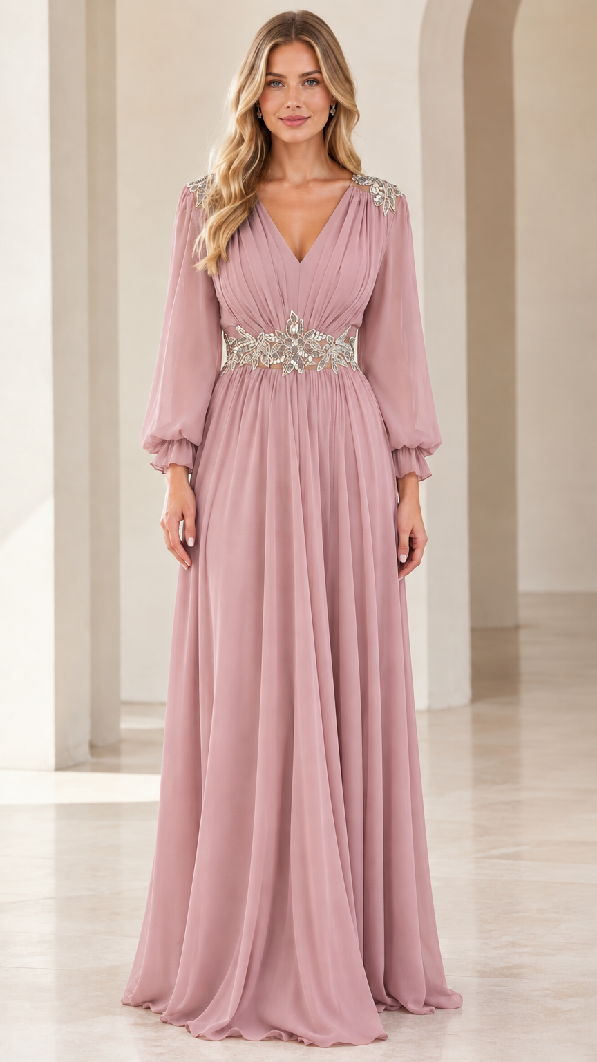 Front view of woman wearing dusty rose chiffon evening gown with long sleeves and beaded waist