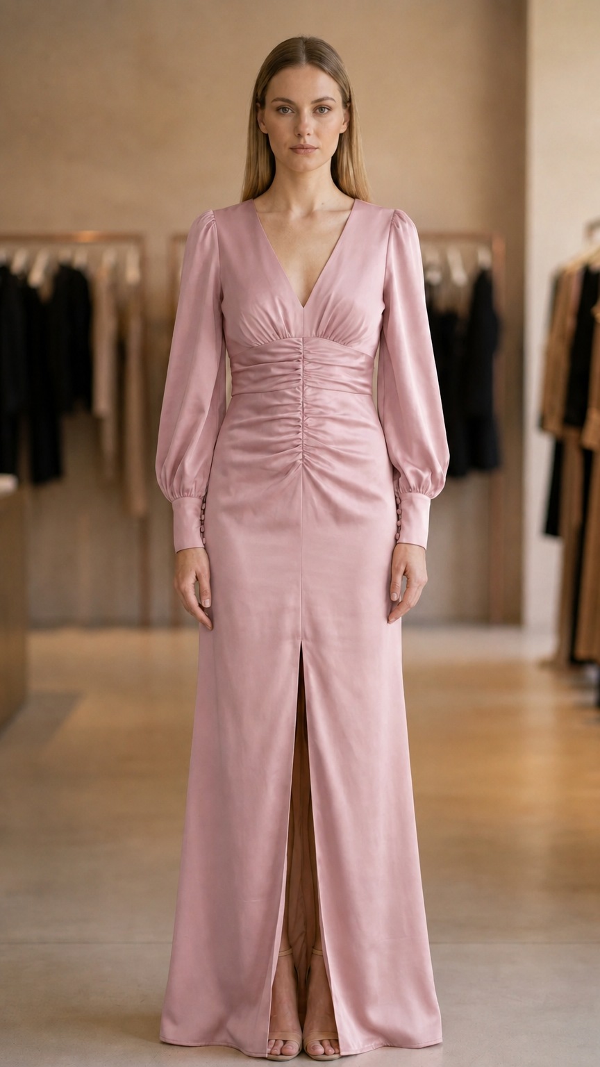Model wearing pink evening maxi dress