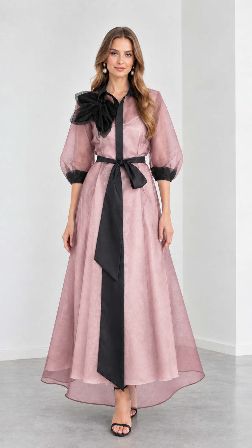 Front view of model wearing Dusty Pink organza maxi shirt dress with black contrast tie waist