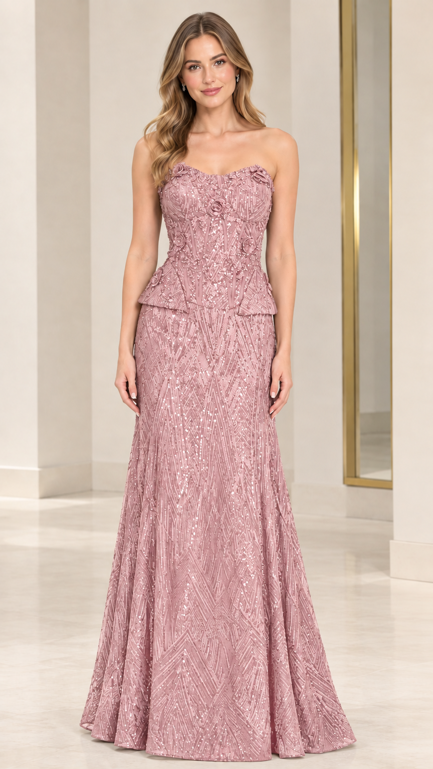 Dusty Rose strapless sequin peplum evening gown front view